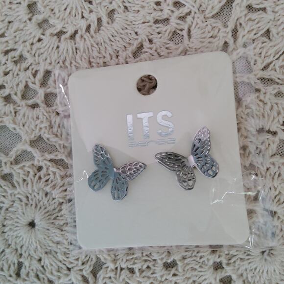Women's Layered Double Butterfly Stud Earrings in Silver Tone - Picture 9 of 10